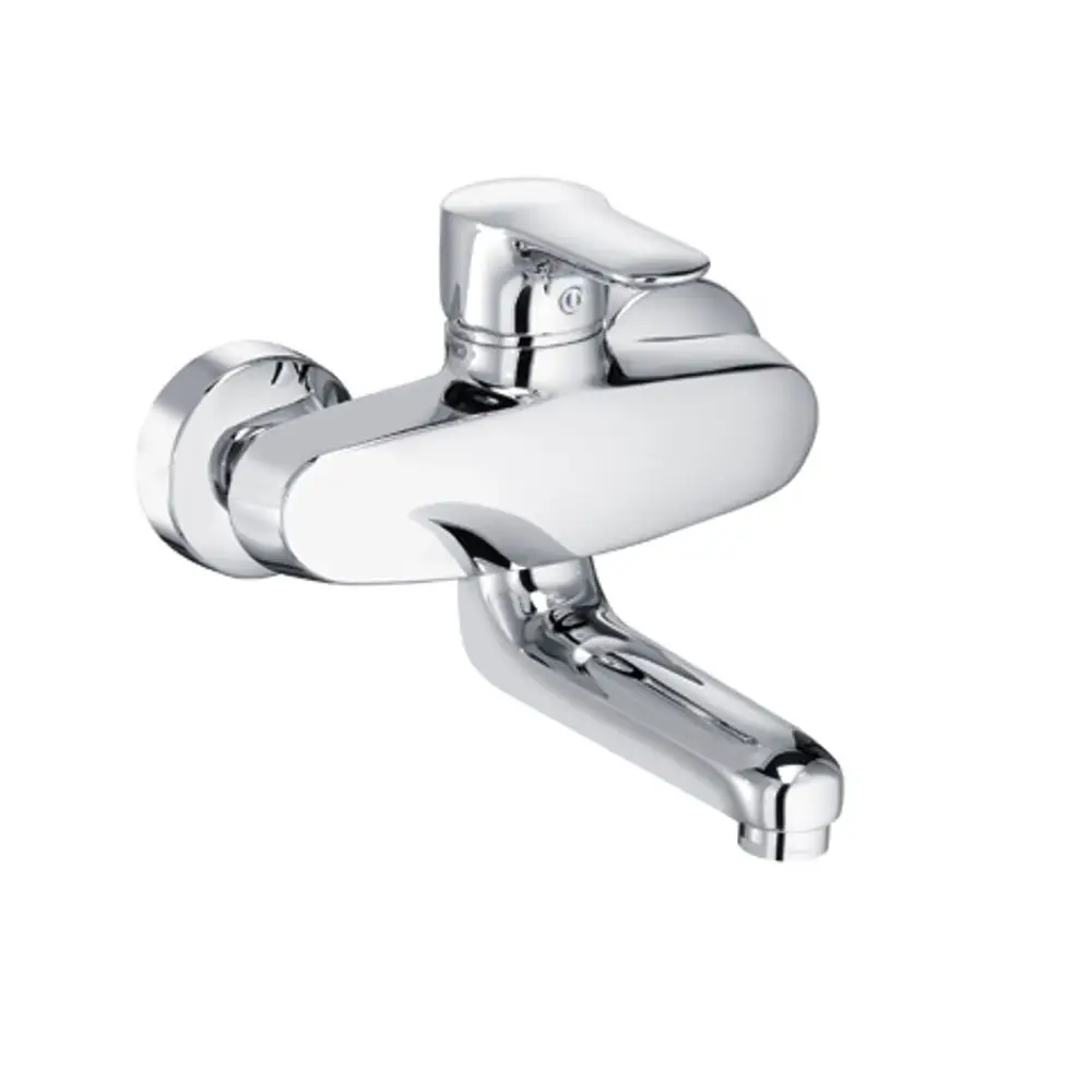 Wandmontierter Wasserhahn aus verchromtem Edelstahl von Kludi mit einem ausgestellten Auslauf und einem Einhebelgriff. Ideal für die Nutzung in Küchen oder Spülbereichen.